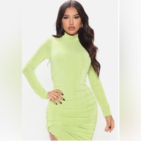 Fashion Nova Lily Ruched Long Sleeve Maxi Dress Size Large Lime Green New - Picture 3 of 13